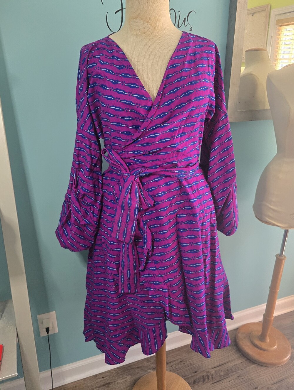 OFUURE Purple Mini Wrap Dress with Blue Stripes